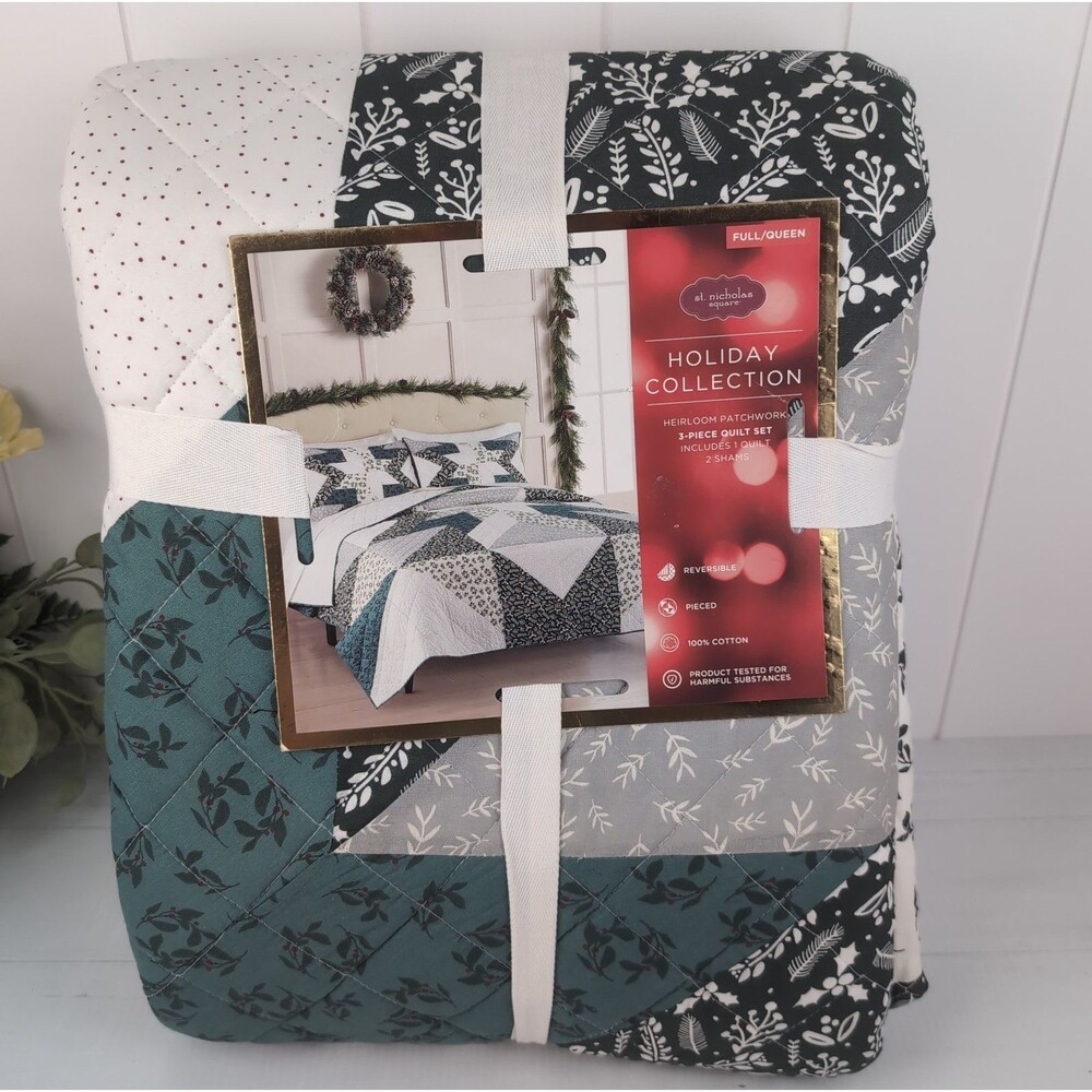 St Nicholas Square Holiday 3-Piece Quilt Set Heirloom Patchwork Full/Queen NEW